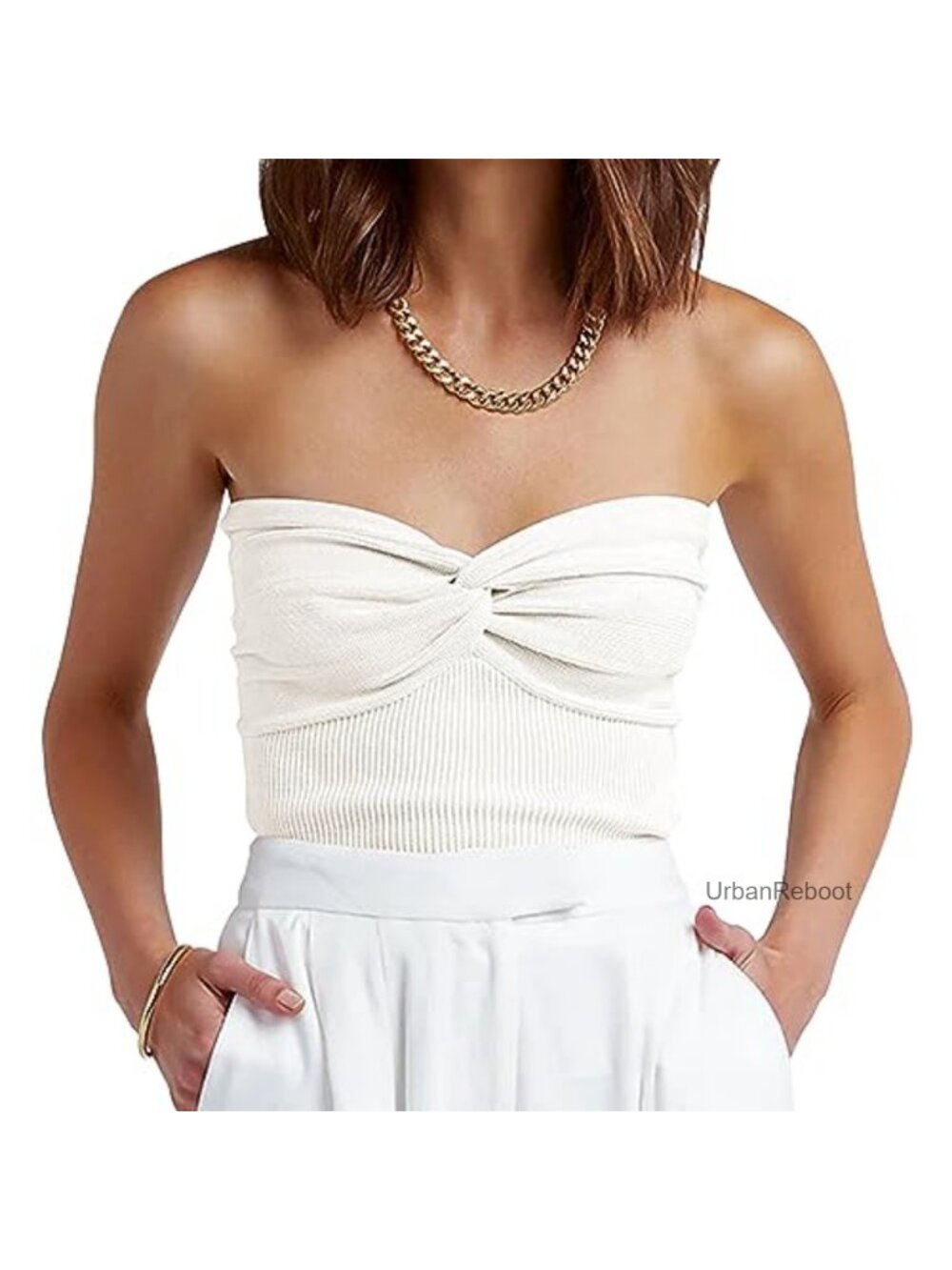 ANRABESS Women's Strapless Twist Knot Ribbed Cropped Tube Top